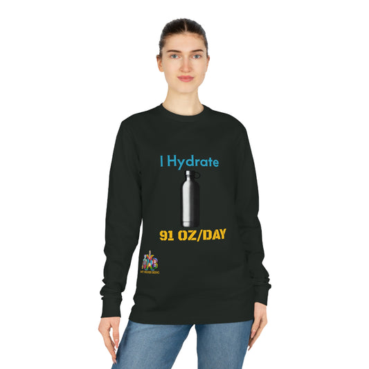 'I Hydrate 91 OZ/DAY'_100% Organic Cotton Long Sleeve Tee