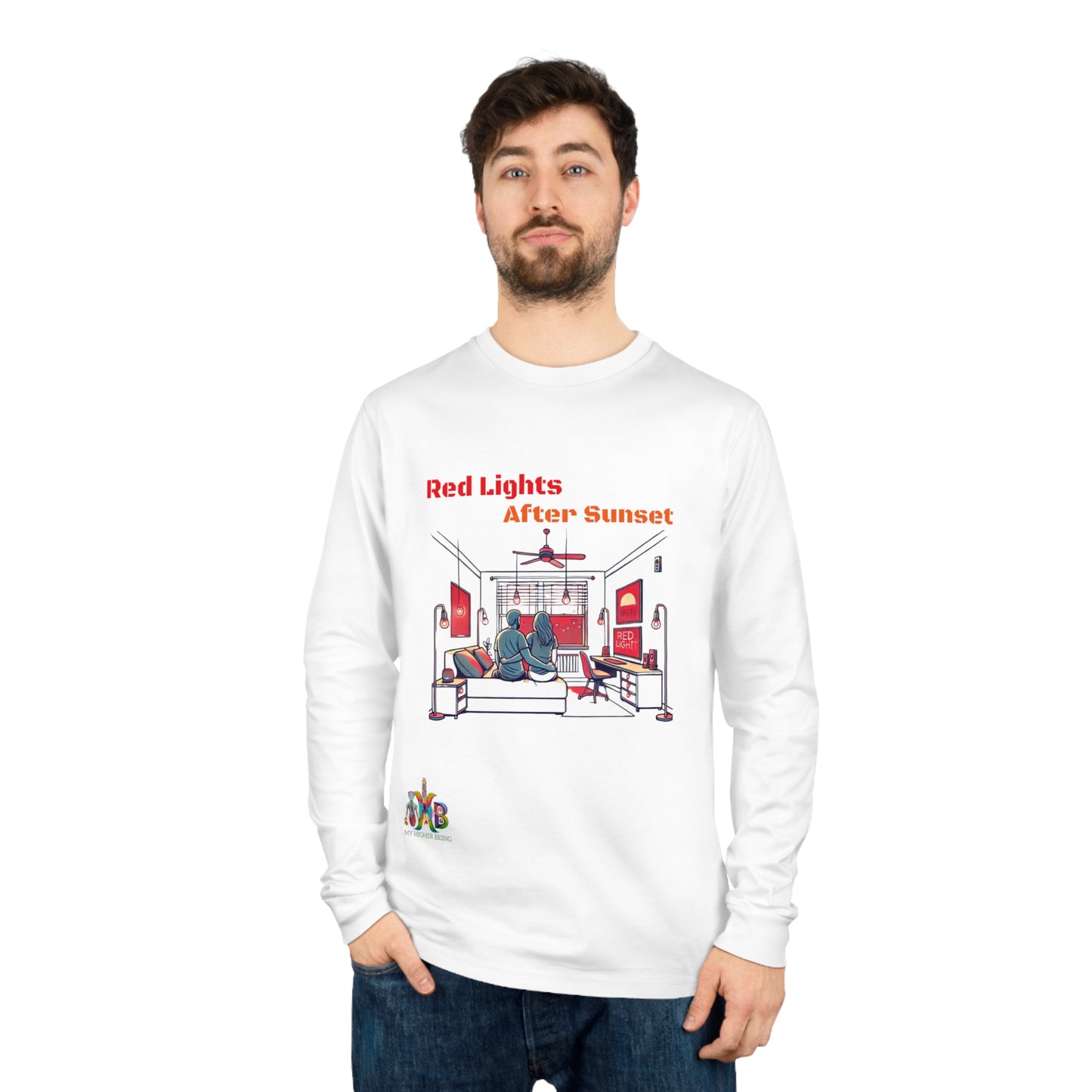 Red Lights After Sunset — 100% Organic Cotton Long Sleeve Tee — Design 2